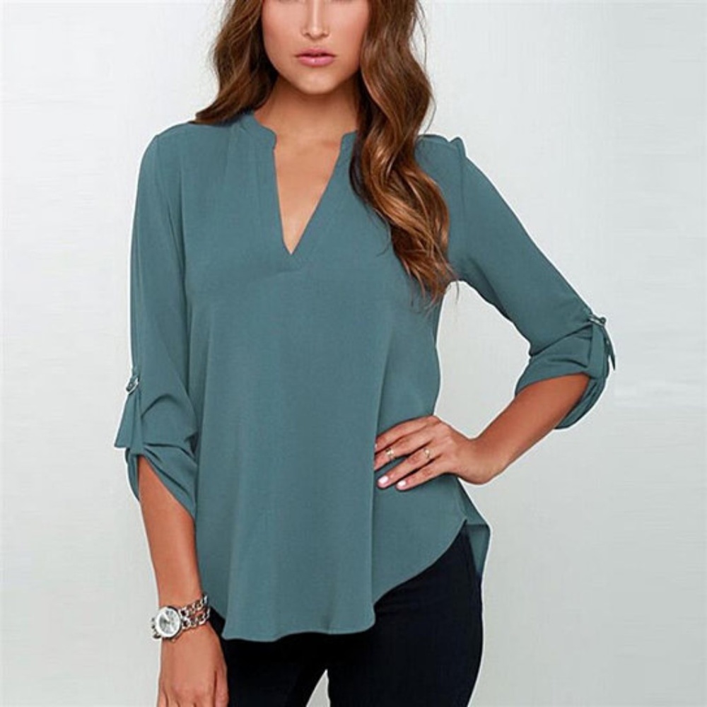 Sexy Women V-neck Solid Chiffon Blouse - Green